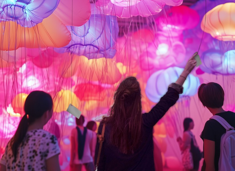 People walking through the Wish Walk, surrounded by a colourful sea of floating illuminated jellyfish.