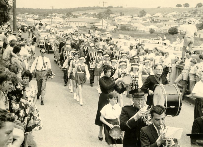 Old black and white photo of a marching band in Wallsend in 1961